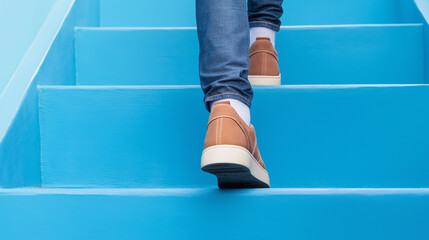 Feet climb the steps.