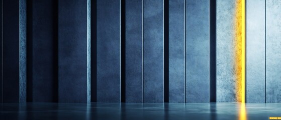 Dramatic Blue Gold Studio Backdrop: Cool lighting illuminates sleek vertical panels creating modern minimalist ambiance.. AI Generated