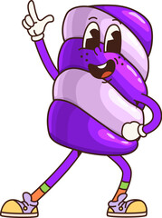 Groovy marshmallow sweet character stands out with expressive face and lively pose pointing upward with confidence. Cartoon vector purple and white striped pastry retro personage with hippie vibe