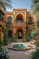 Fototapeta premium Ornate courtyard, fountain, lush greenery, Moorish architecture.