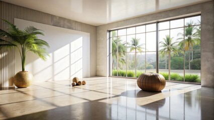 Serene Minimalist Interior Design Featuring Large Window with Tropical View and Decorative Elements