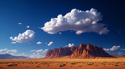 Naklejka premium Majestic Red Mountain with Dramatic Clouds Over Desert Landscape