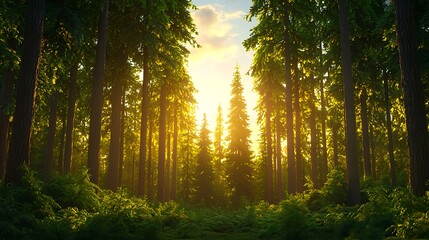Obraz premium Serene Forest with Sunlight Filtering Through Tall Trees and Foliage