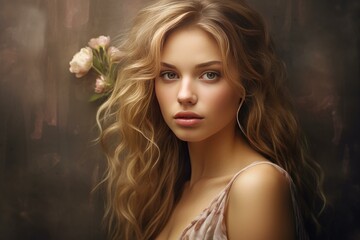 Fototapeta premium Studio portrait of beautiful young blonde woman with curly hair and flowers, wearing romantic dress