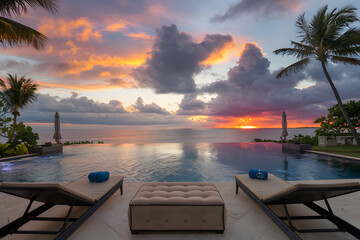 Fototapeta premium Luxury Infinity Pool Tropical Sunset Ocean View Resort Relaxation Paradise Beachfront Vacation Stunning Colorful Sky Dramatic Clouds Calm Water Tranquil Scene Idyllic Escape blue pink travel summer 