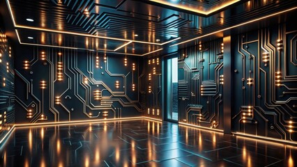 Illuminated Circuitry Interior Design A Modern, Sleek Space with Golden Accents and Dark Walls