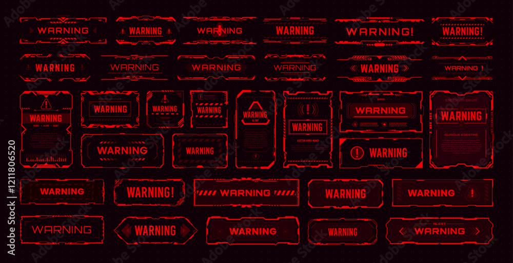 Poster Futuristic warning alert HUD frames. Danger warning HUD red windows or boxes set. Security alert isolated vector transparent display or caution, attention system window frame with exclamation marks