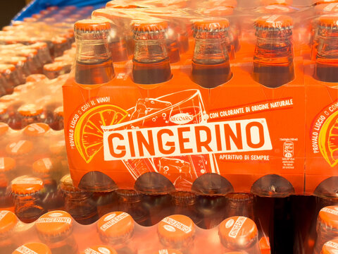 Gingerino beverage pack with orange slice design in store display