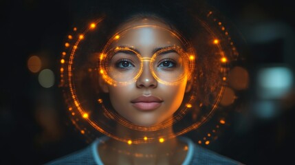 Woman's face with futuristic orange digital scan.