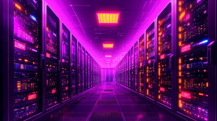 Obraz premium Cyberpunk Server Room: Neon Lights and Futuristic Technology