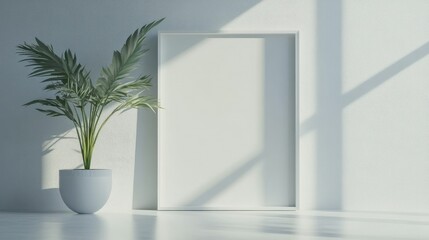 Minimalist living room with a blank wall frame and a single plant