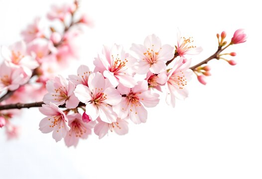 Pink cherry blossoms branch, spring bloom, white background, floral design