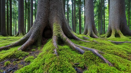 Majestic Tree Roots Surrounded by Lush Green Forest Floor