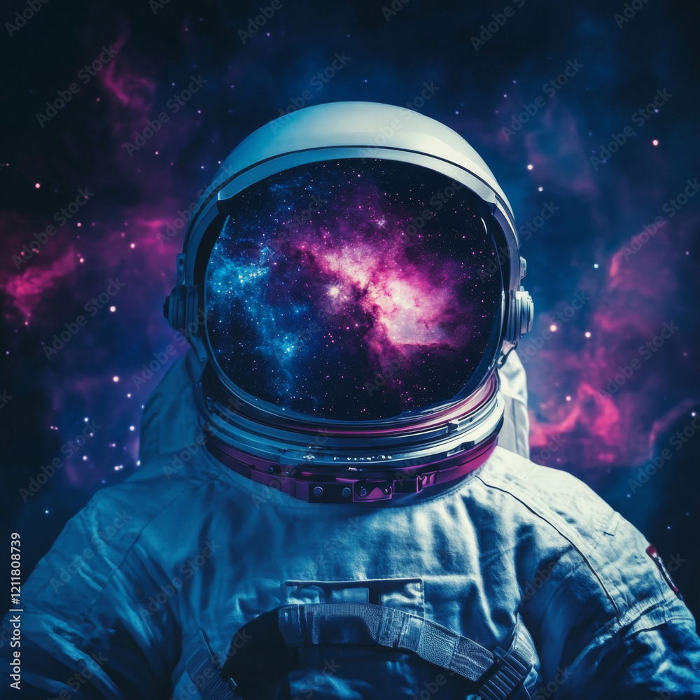 Wall mural astronaut in space suit with colorful nebula and galaxy reflecting on helmet visor. front view astro