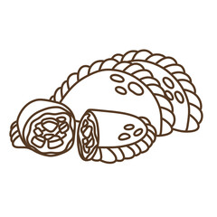 Pastel cake filled with vegetables. Thin line illustration.