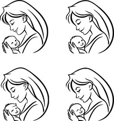 Four black and white illustrations depicting mothers holding babies.