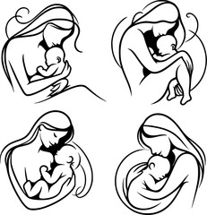 Four black and white illustrations depicting mothers holding babies.