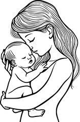 A black and white line art drawing depicts a mother cradling a holding baby.