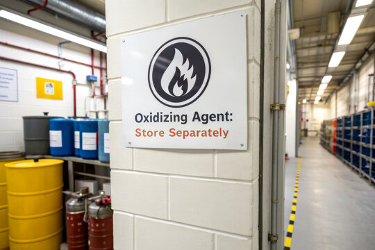 A safety sign indicating the need to store oxidizing agents separately, set in an industrial environment with various chemical containers.