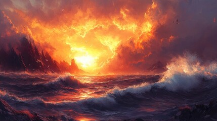 Obraz premium Fiery sunset illuminating a dramatic coastline with waves crashing into sharp rock formations