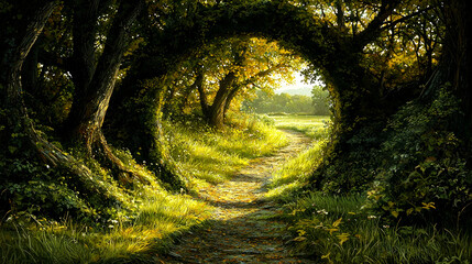 Sunlit Path Through Enchanting Forest: A Journey into Tranquility