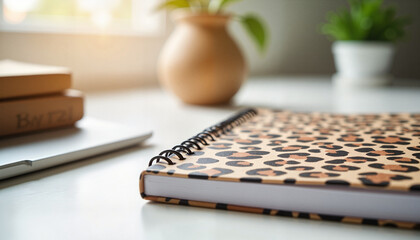 Stylish leopard print notebook on desk, home office inspiration