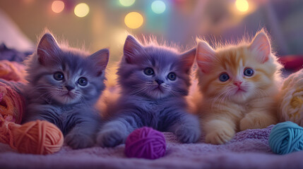 A lively scene with three adorable fluffy kittens engaging in playful activities in a cozy indoor atmosphere that captures the essence of warmth and joy