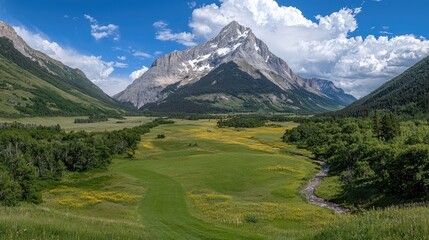 Fototapeta premium Majestic rocky mountain peak towers over a lush green valley with a winding stream under a blue sky.