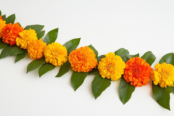 Orange and yellow Marigold Flower and mango leaf garland decoration for indian Ugadi festival. Indian festive decoration on white background
