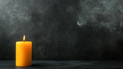 A vibrant yellow candle burns steadily against a dark background, with wisps of smoke rising, This image can be used for themes of relaxation, ambiance, or spirituality in marketing materials,