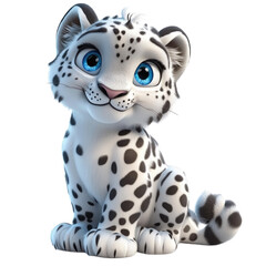 Obraz premium 3D Cartoon cute snow leopard character sitting with big blue eyes and playful expression, isolated on transparent background, PNG