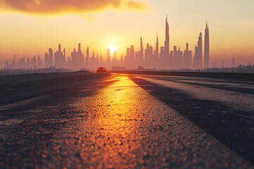 Fototapeta premium Sunset Cityscape Road Car Journey