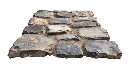 Cobblestone pathway with uneven stones, perfect for outdoor settings. This rustic surface adds charm to gardens and walkways, enhancing natural landscape