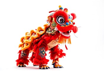 Obraz premium Red lion dance costume, studio shot, celebration, white background, festival
