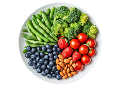 a Fruit and vegetable plate with green beans isolated on a transparent background