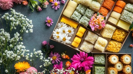 Fototapeta premium Traditional Indian sweets in a premium Diwali box, arranged alongside festive decor like diyas and vibrant flowers