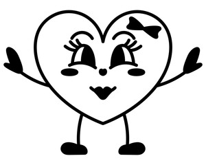 Heart character. Young woman with arms and legs. Smile on face, bow decoration, eyelashes. Sketch. Vector illustration. Joyful emotions. Symbol of love. Outline on isolated white background. 