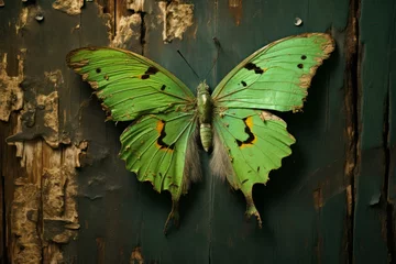 Photo sur Plexiglas Close up of a green butterfly with tattered wings resting on a weathered wooden surface, showcasing the beauty of nature's delicate creatures