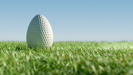 Easter golf ball shaped like an egg on green grass under a clear sky. 3d rendering