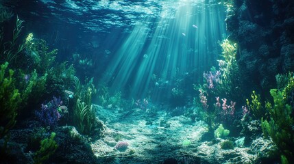Obraz premium Underwater scenery in the deep ocean, where sunlight breaks through, lighting up the serene sea floor