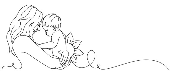 vector illustration of mother holding baby, line art style. mother's day design element