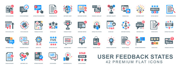 user feedback states set 42 flat icons, positive negative ratings comments interactions, frustration disappointment delight anger