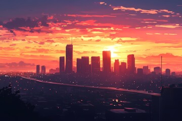 Fototapeta premium City Skyline Sunset Vibrant Orange Hues