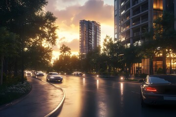 Sunset Cityscape Cars Driving Modern Buildings