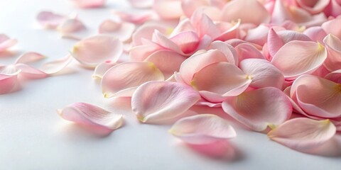 Obraz premium Soft pink rose petals scattered on a white surface, with some of them slightly bent or curled