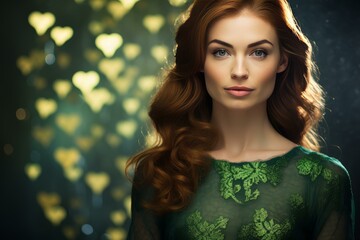 Fototapeta premium Studio portrait of stunning redhead fashion model wearing an elegant green dress, posing against a backdrop of heart shaped bokeh lights