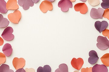 Fototapeta premium A border of colorful paper hearts surrounds a blank space, creating a romantic and festive atmosphere perfect for invitations or celebrations.