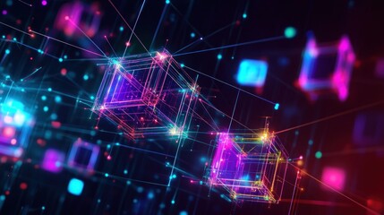Fototapeta premium Abstract glowing cubes connected by lines in a digital network.