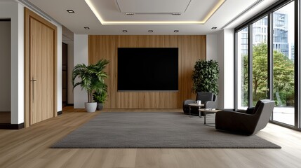 Fototapeta premium Transforming the Modern Living Room with Cutting Edge Business Technology: An Innovative Space Featuring a Large Screen on the Wall