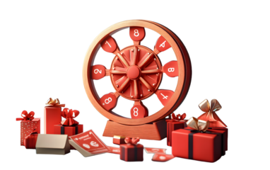 Spinning wheel with gifts, discount coupons, marketing discount promotion concept, 3d rendering.